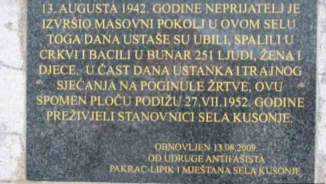 Кусоње: Спомен-табла српским жртвама покоља августа 1942. Фото: В. Новости, Јадовно 1941.